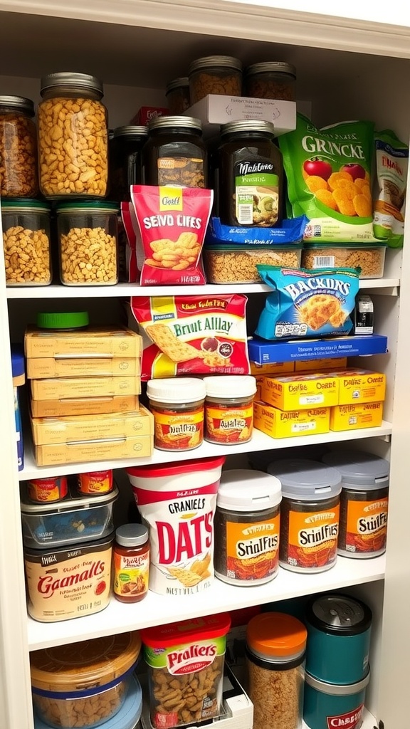 A neatly organized pantry shelf with jars of nuts, dried fruits, crackers, and granola.